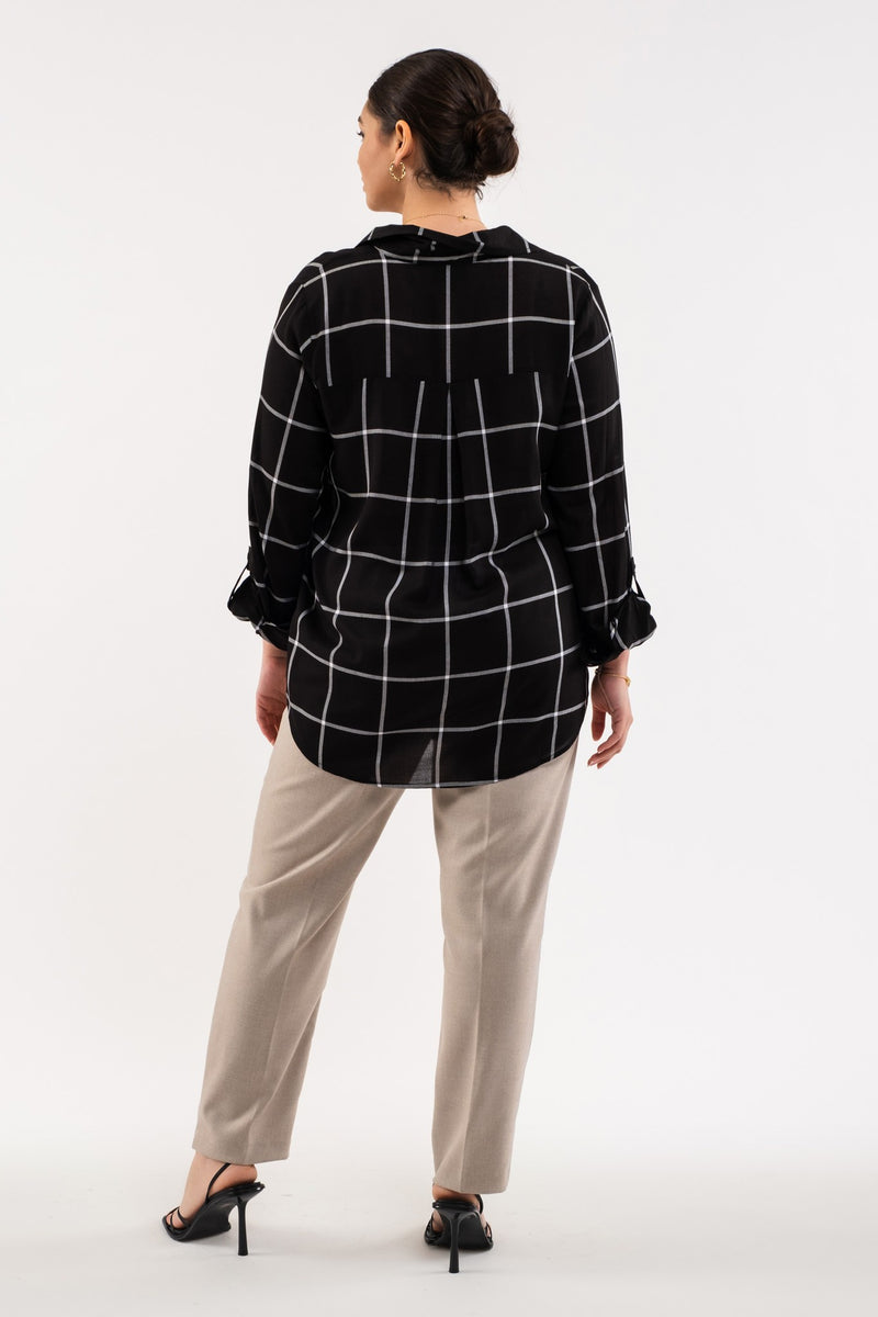 Grid Print Button Front Blouse (Plus Size - Black)