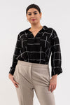 Grid Print Button Front Blouse (Plus Size - Black)