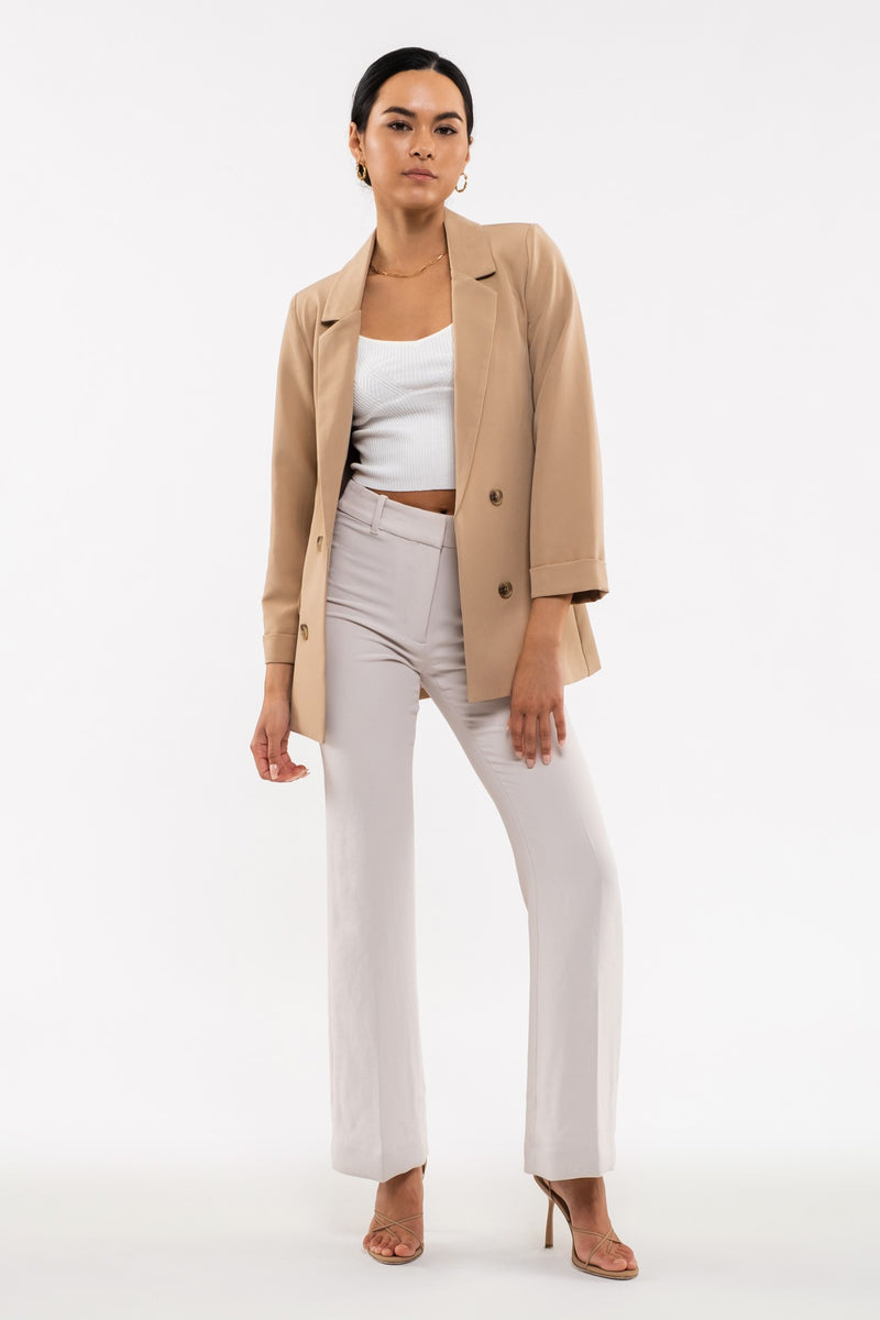 Double Breasted 3/4 Sleeve Blazer (Khaki)