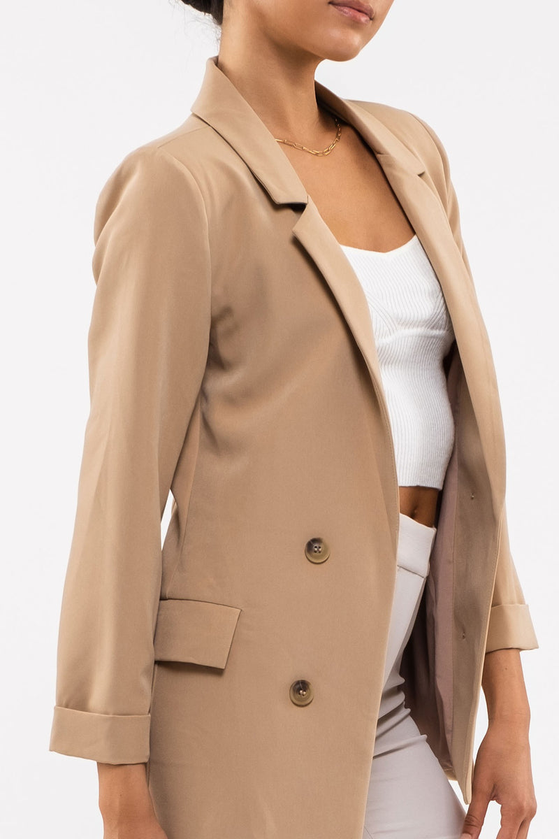 Double Breasted 3/4 Sleeve Blazer (Khaki)