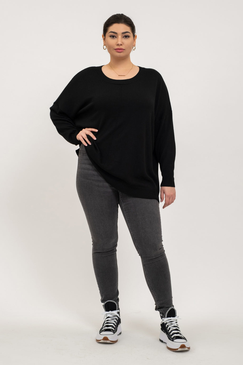 Drop Shoulder Round Neck Lightweight Sweater (Plus Size - Black)