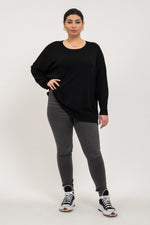 Drop Shoulder Round Neck Lightweight Sweater (Plus Size - Black)