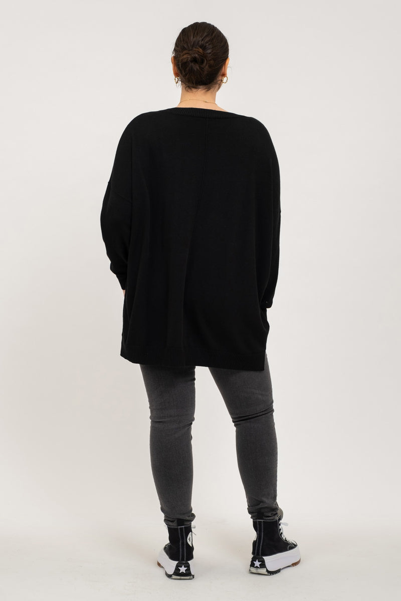 Drop Shoulder Round Neck Lightweight Sweater (Plus Size - Black)