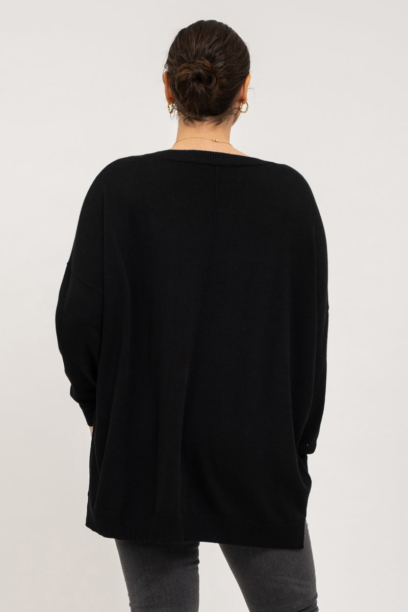 Drop Shoulder Round Neck Lightweight Sweater (Plus Size - Black)