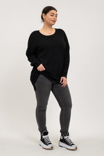 Drop Shoulder Round Neck Lightweight Sweater (Plus Size - Black)