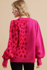 Colorblock Knit Leopard Print Sweater (Plus Size - Hot Pink)