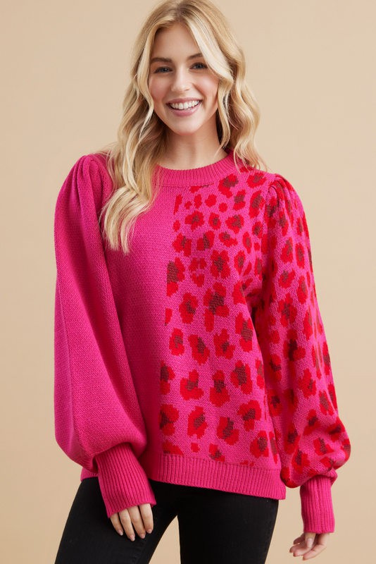 Colorblock Knit Leopard Print Sweater (Plus Size - Hot Pink)