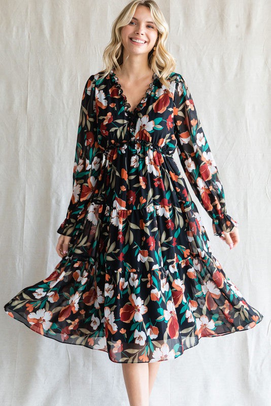 Floral Print Chiffon Tiered Midi Dress (Plus Size)