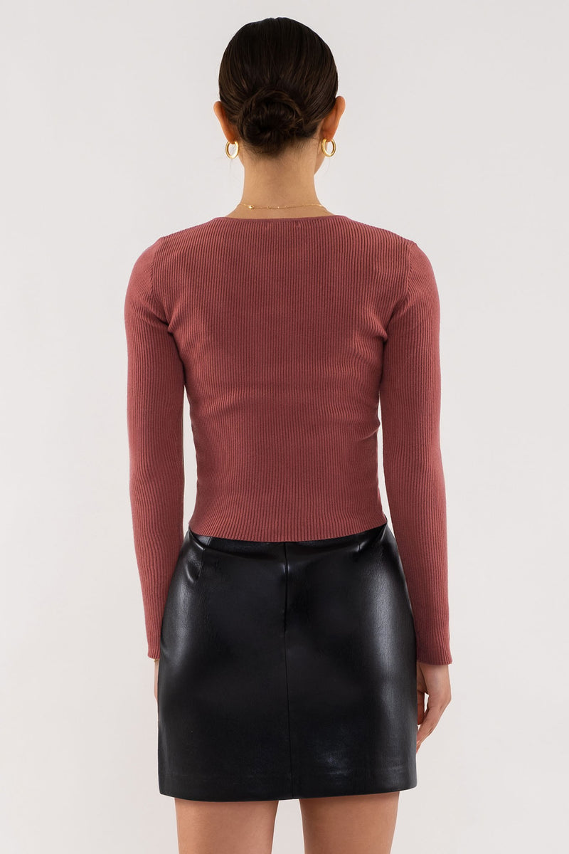Rib Knit Long Sleeve Top (Red Bean)