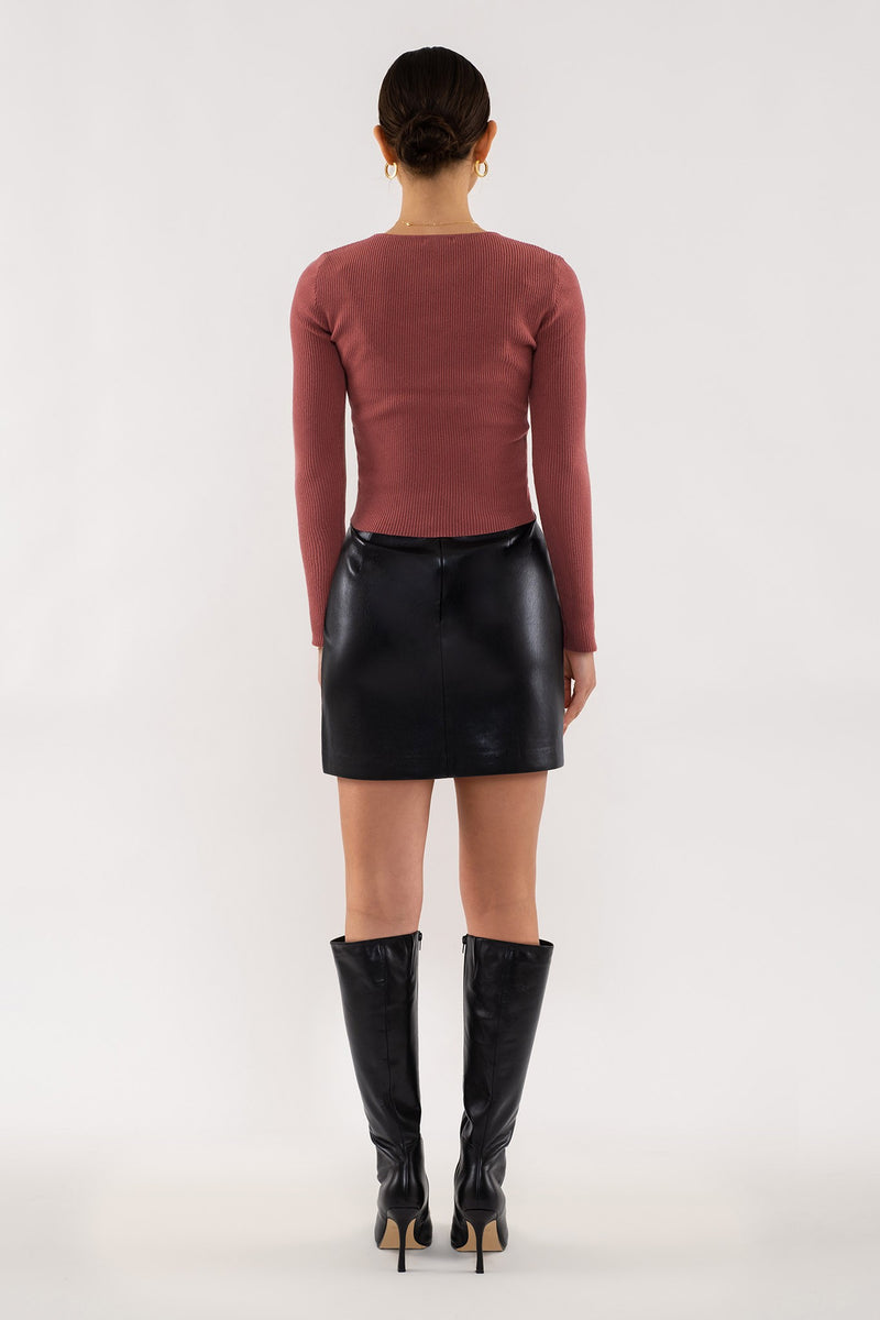 Rib Knit Long Sleeve Top (Red Bean)