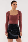 Rib Knit Long Sleeve Top (Red Bean)