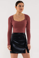 Rib Knit Long Sleeve Top (Red Bean)