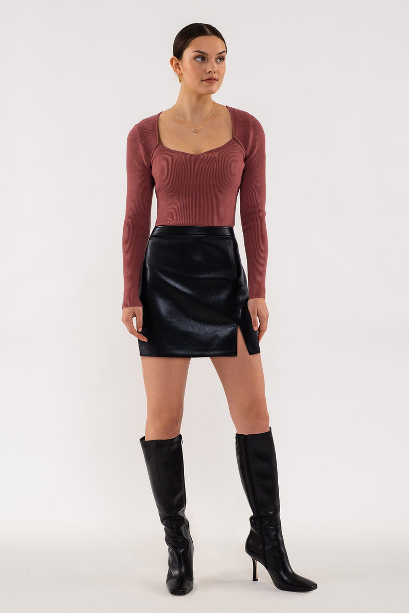 Rib Knit Long Sleeve Top (Red Bean)