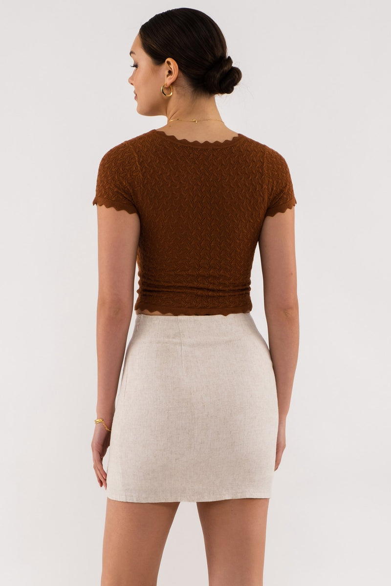 Scallop Detail Knit Top (Brown)