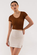 Scallop Detail Knit Top (Brown)