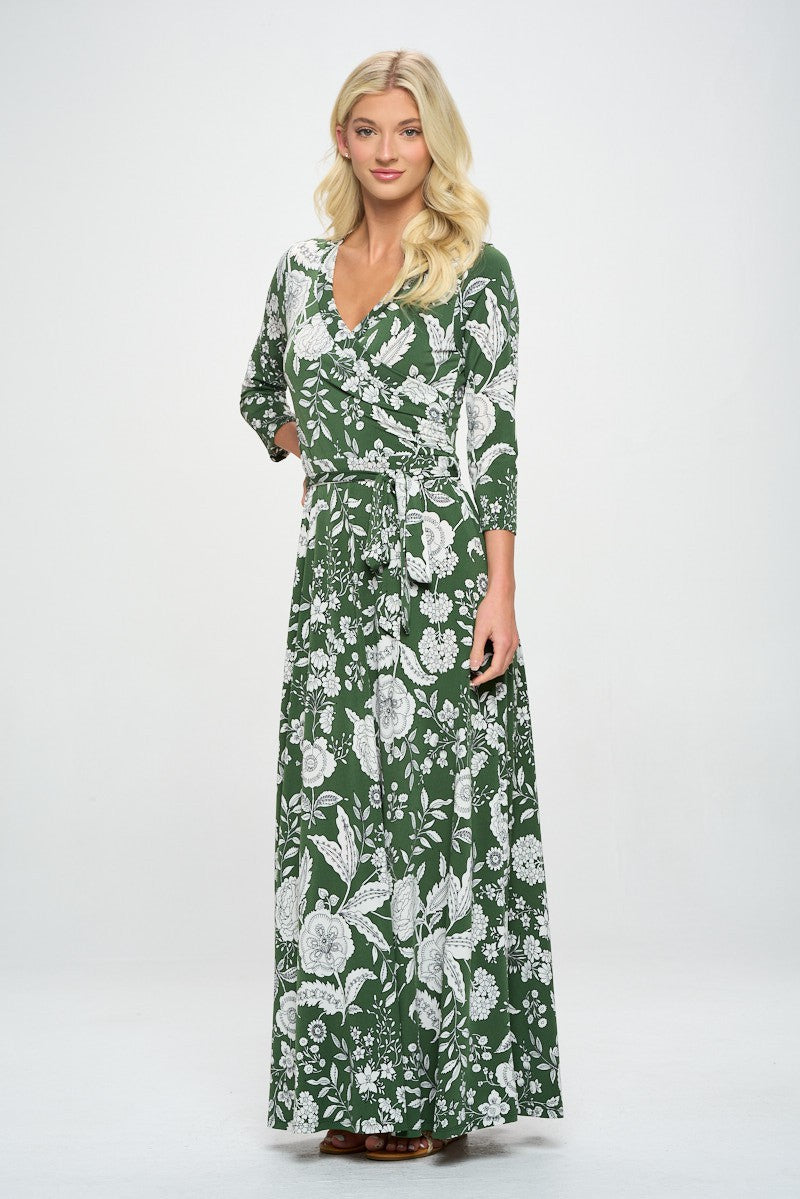 3/4 Sleeve Faux Wrap Green Floral Maxi Dress