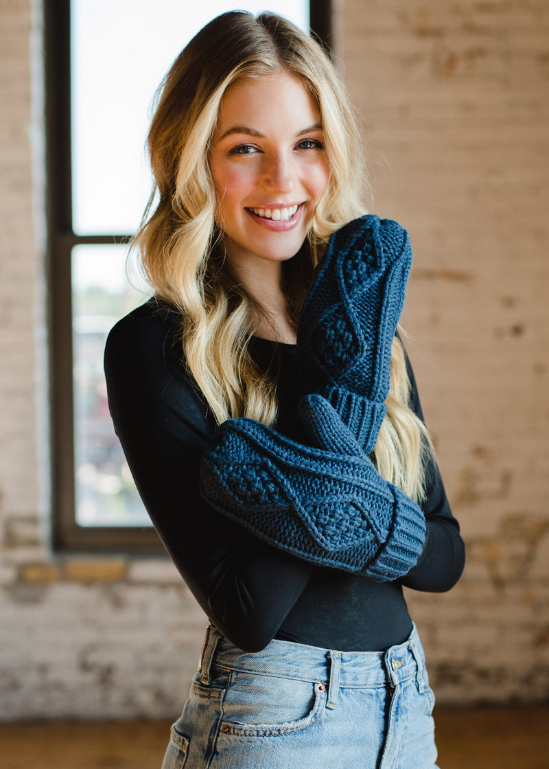 Steel Blue Cable Knit Mittens