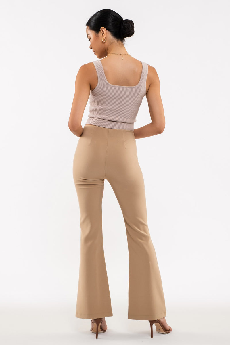 Front Seam Elastic Waist Flare Leg Pants (Khaki)