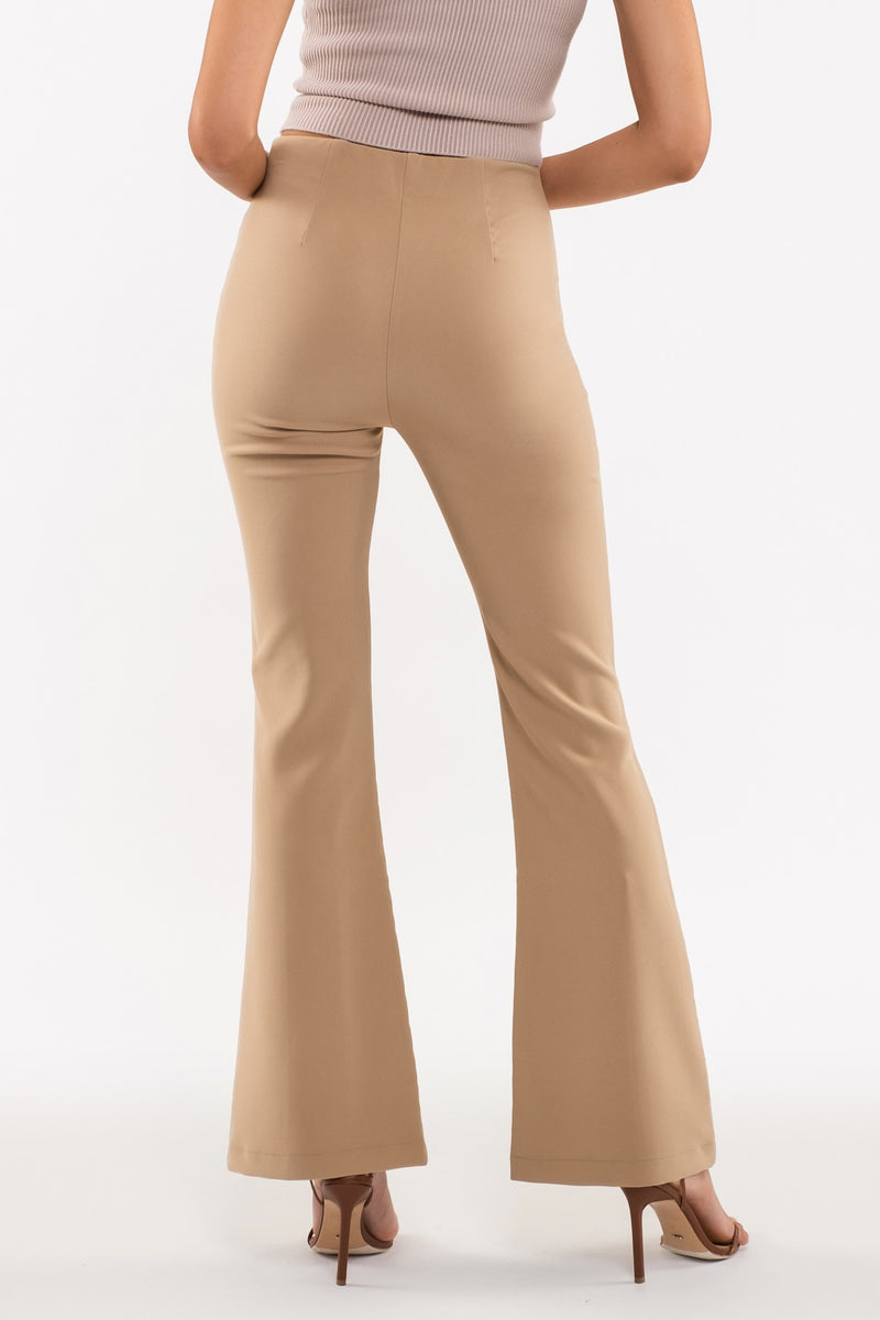 Front Seam Elastic Waist Flare Leg Pants (Khaki)