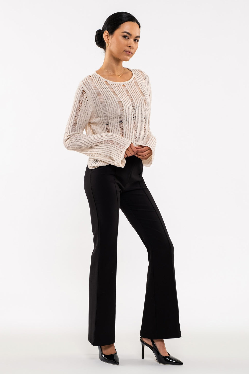 Front Seam Elastic Waist Flare Leg Pants (Black)