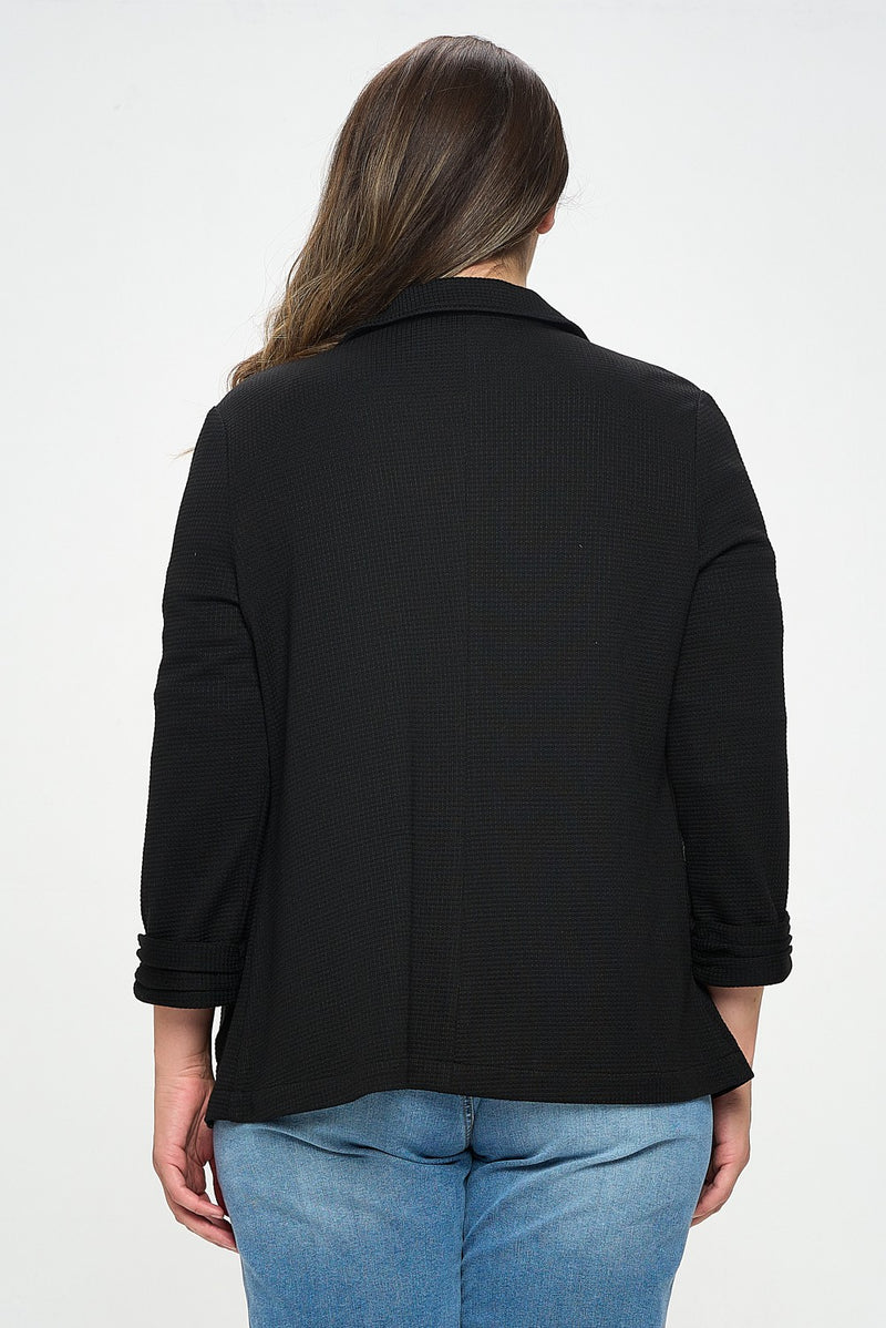 Shirred Sleeve Textured Blazer (Black - Plus Size)