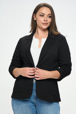 Shirred Sleeve Textured Blazer (Black - Plus Size)