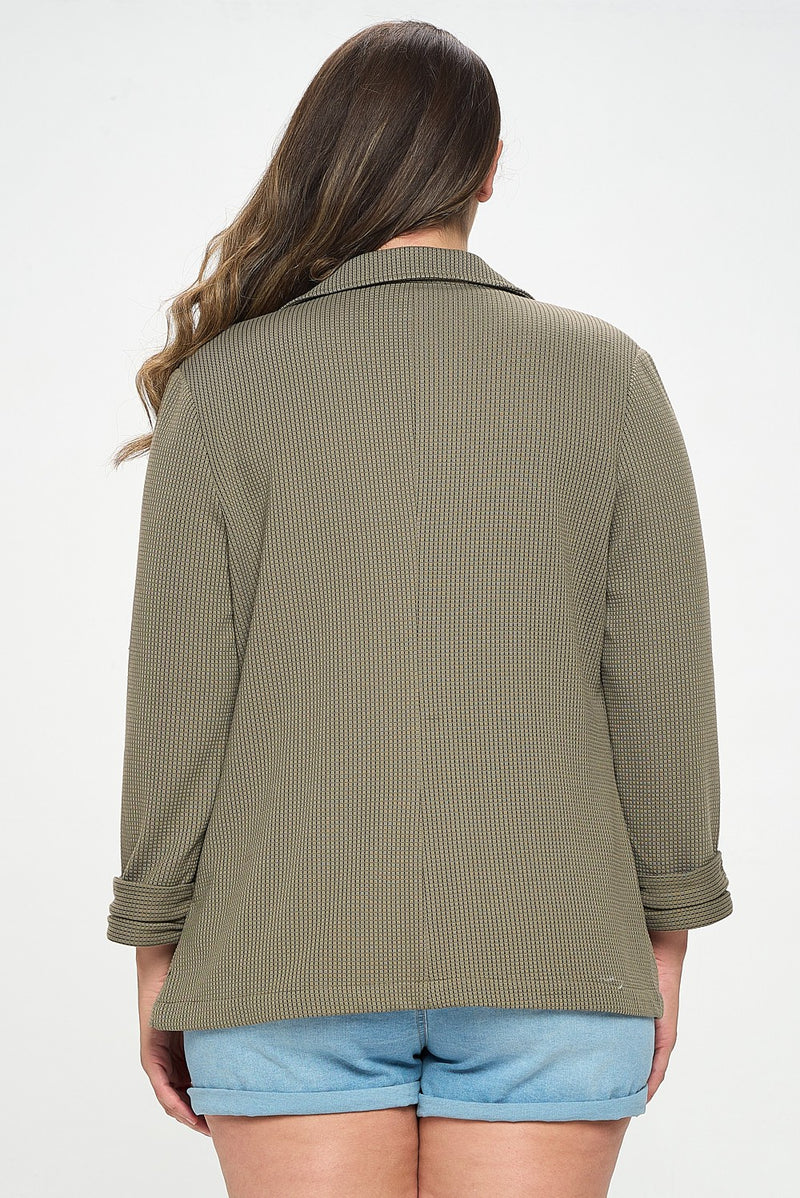 Shirred Sleeve Textured Blazer (Olive - Plus Size)