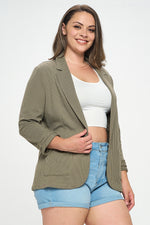 Shirred Sleeve Textured Blazer (Olive - Plus Size)