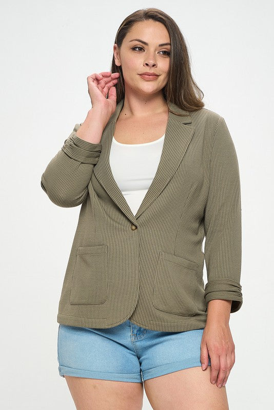 Shirred Sleeve Textured Blazer (Olive - Plus Size)