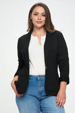 Shirred Sleeve Textured Blazer (Black - Plus Size)