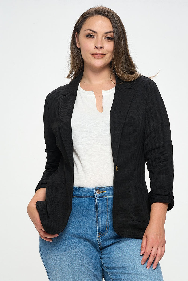 Shirred Sleeve Textured Blazer (Black - Plus Size)