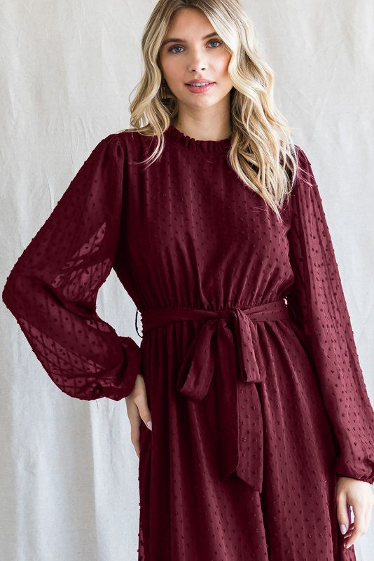 Swiss Dot Chiffon Midi Dress (Burgundy)