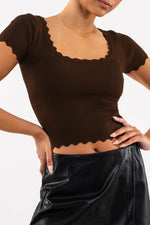 Scallop Edge Knit Top (Dark Brown)