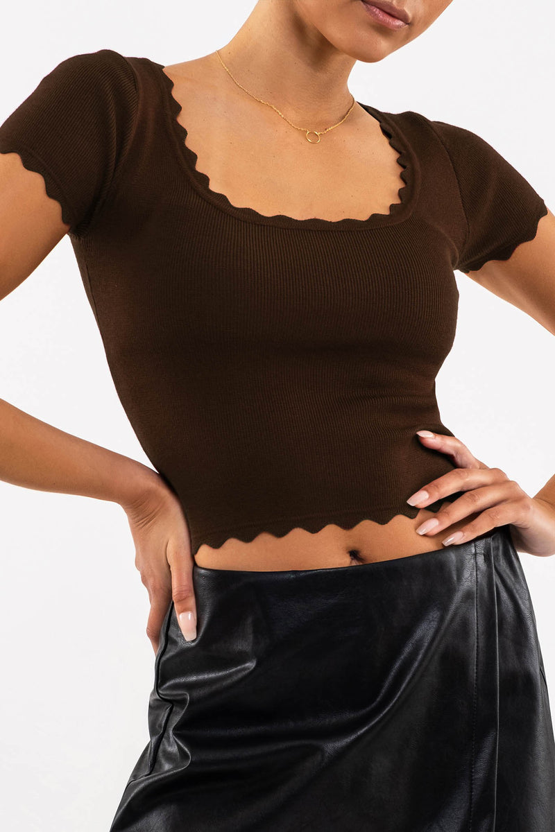 Scallop Edge Knit Top (Dark Brown)