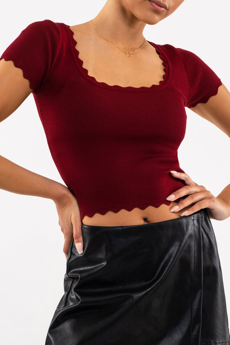 Scallop Edge Knit Top (Rosewood)