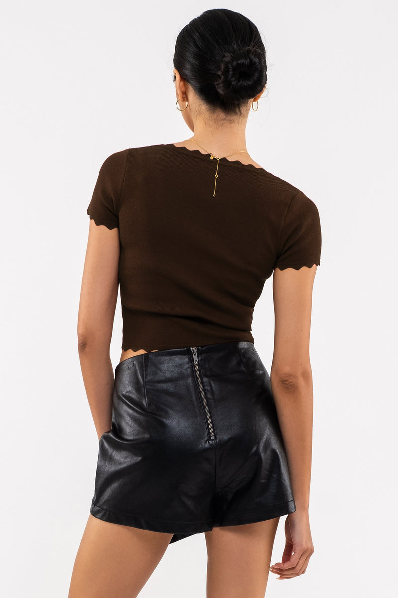 Scallop Edge Knit Top (Dark Brown)