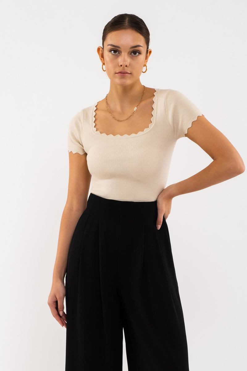 Scallop Edge Knit Top (Oatmeal)