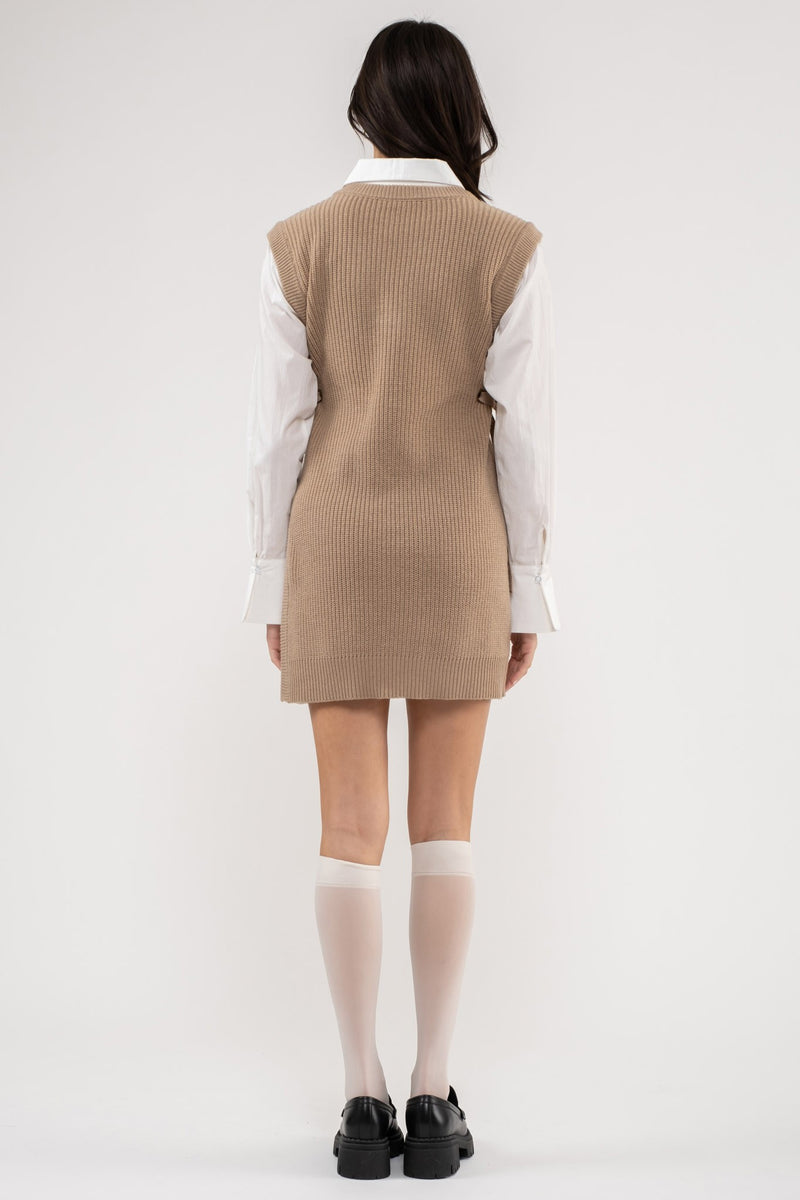 V-Neck Layered Sweater Dress (Taupe)