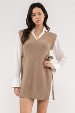 V-Neck Layered Sweater Dress (Taupe)