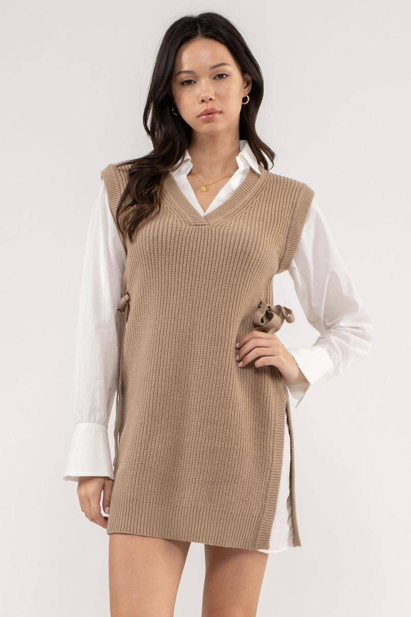 V-Neck Layered Sweater Dress (Taupe)