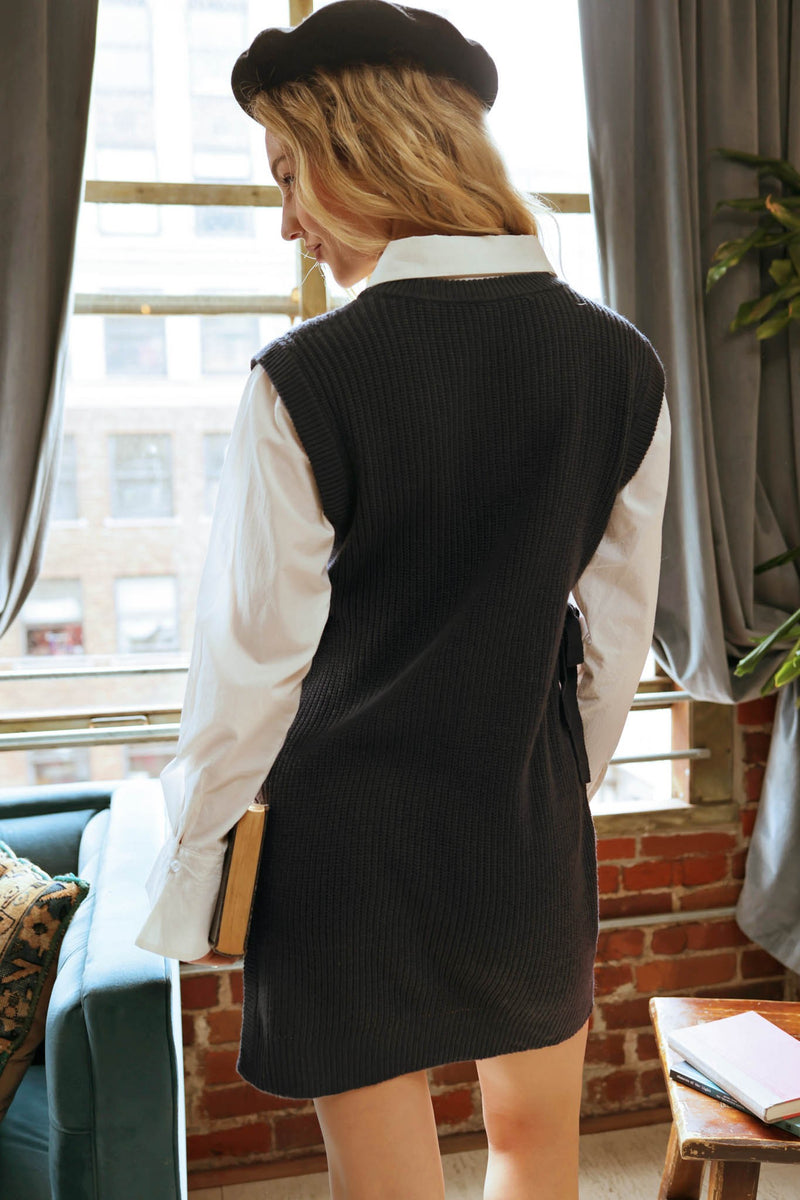 V-Neck Layered Sweater Dress (Navy)