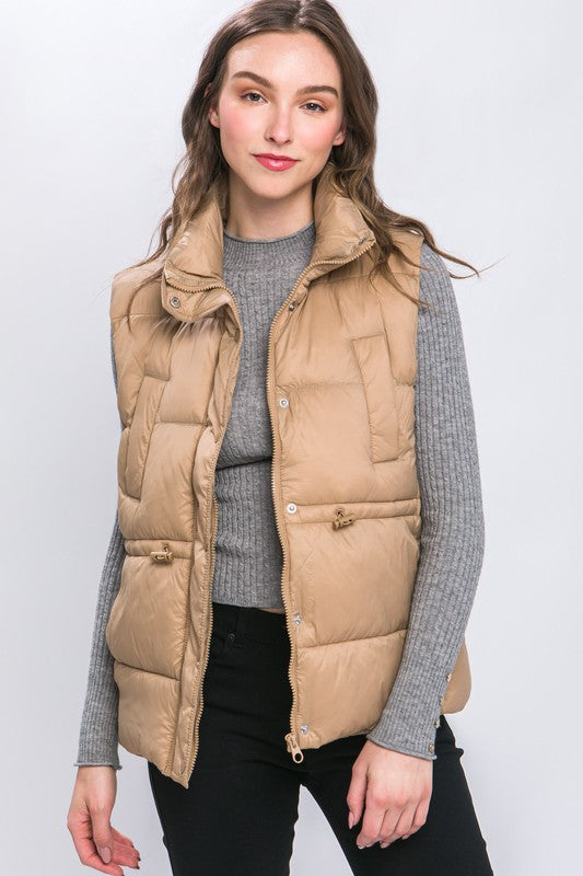 Zip Front Puffer Vest w/ Waist Toggles (Khaki)