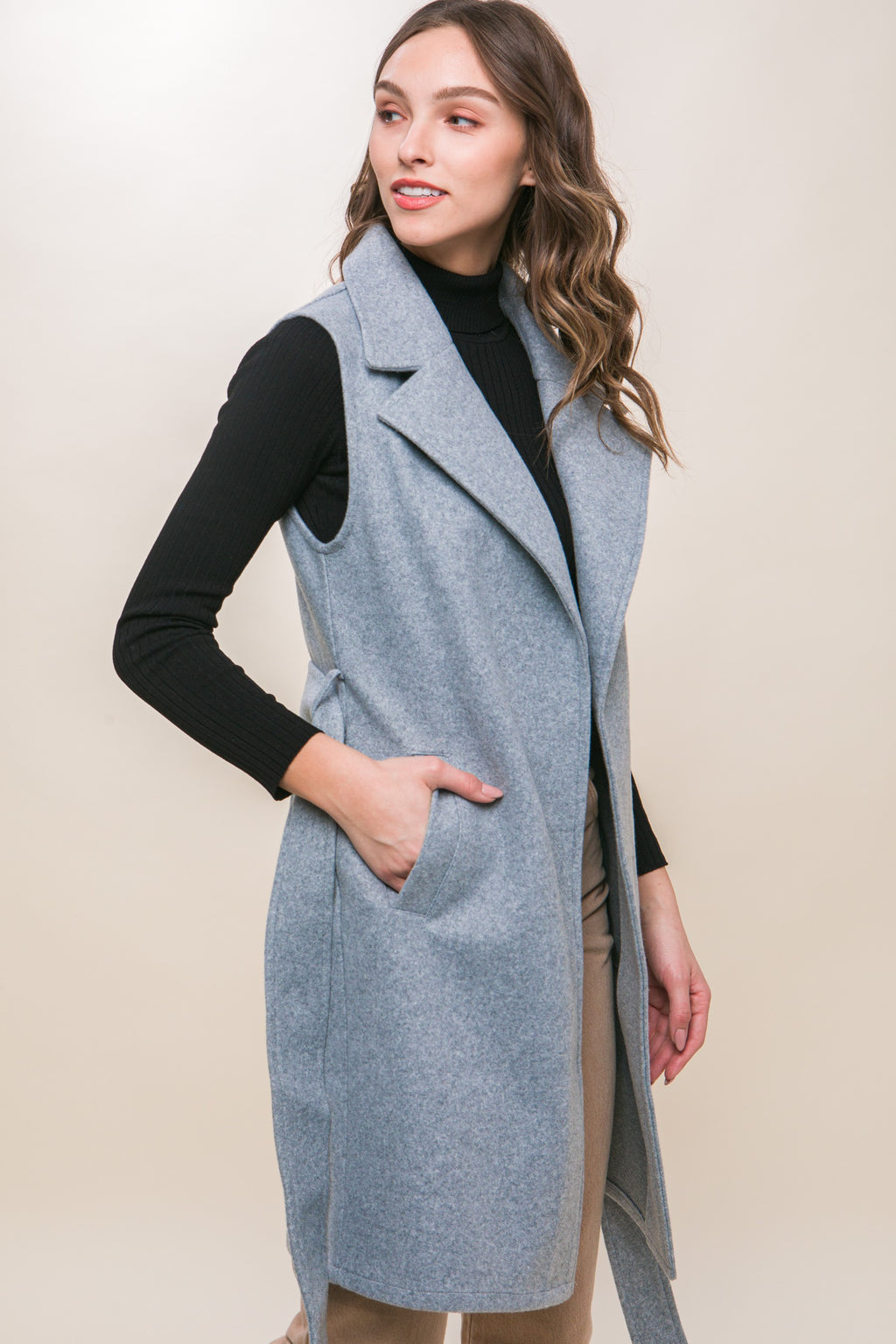 Waist Tie Collared Vest (Light Grey)