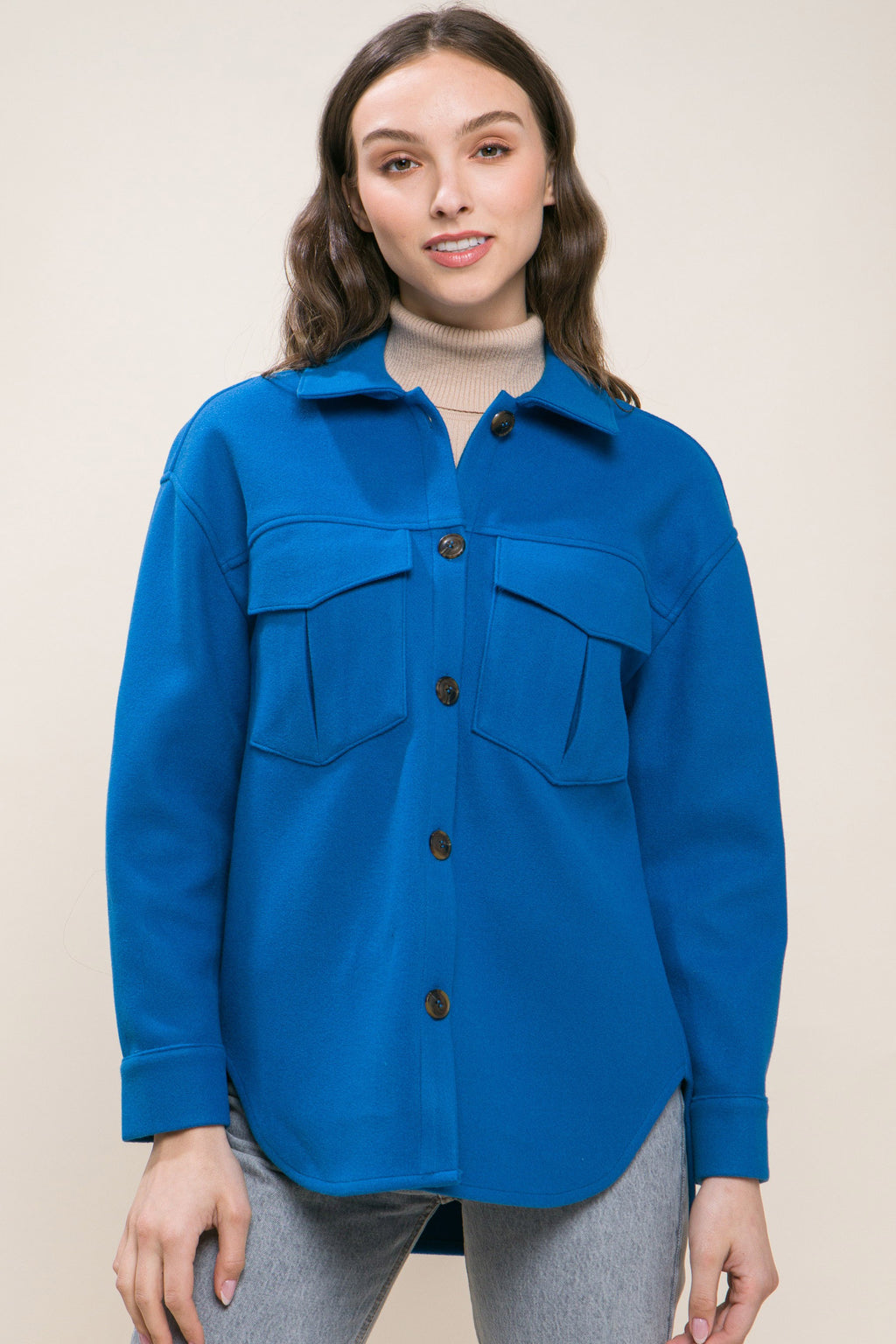 Front Detail Pocket Button Up Shacket (Azure)