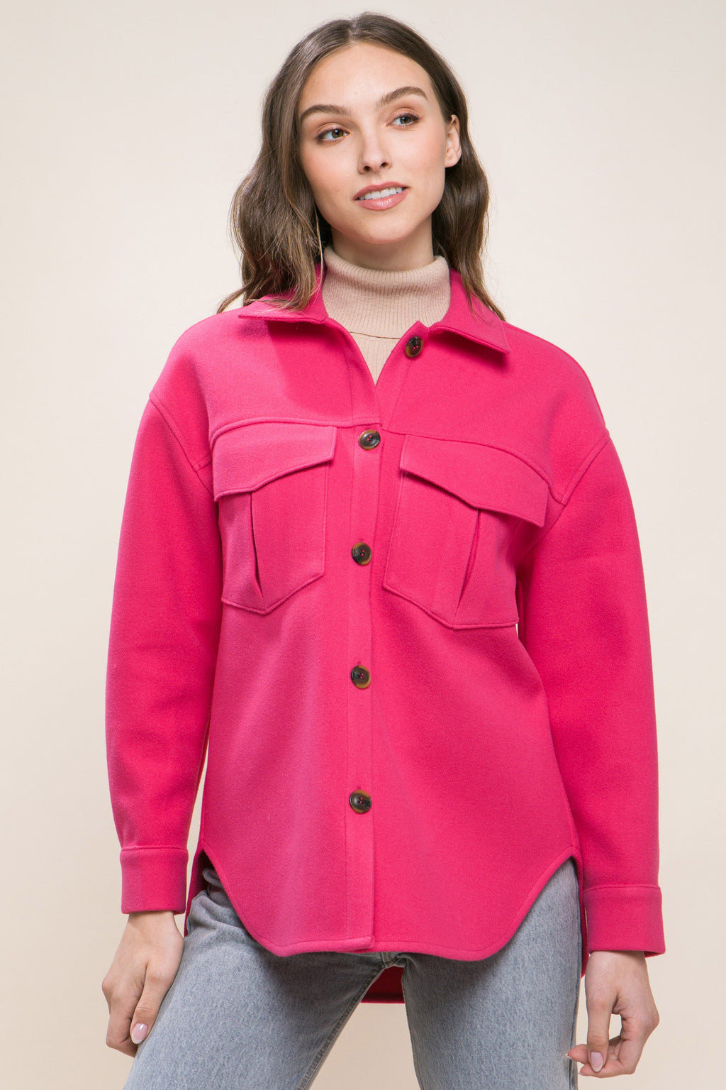 Front Detail Pocket Button Up Shacket (Fuchsia)