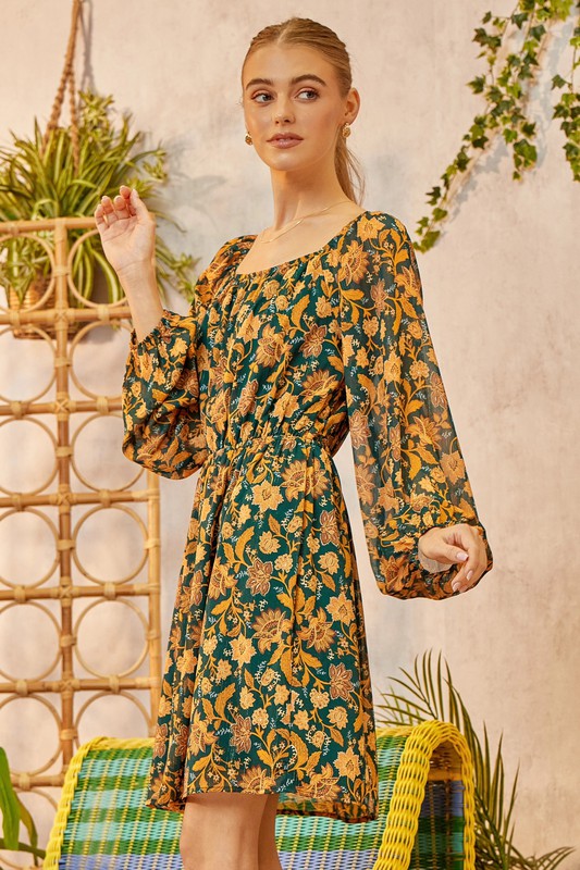 Teal & Gold Floral Print Dress (Plus Size)