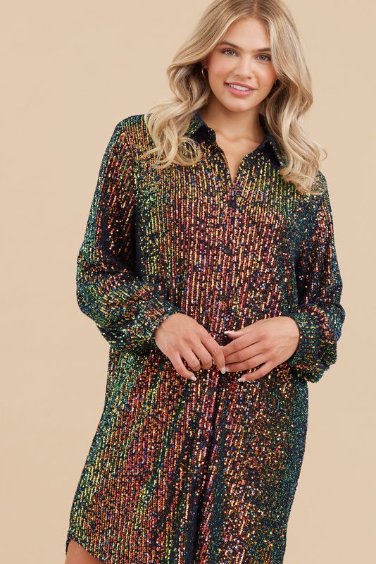 Button Up Sequin Shirt Dress (Black - Plus Size)