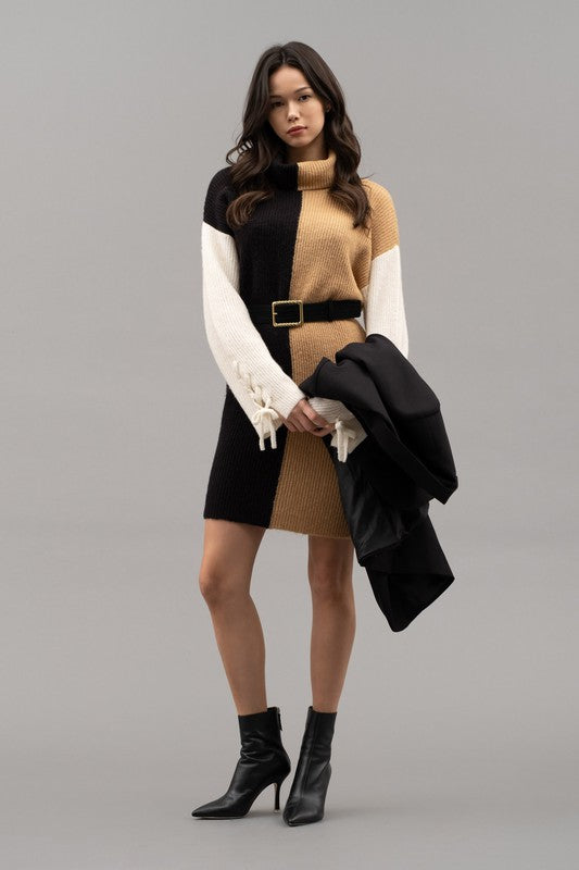 Braided Sleeve Color Block Sweater Dress