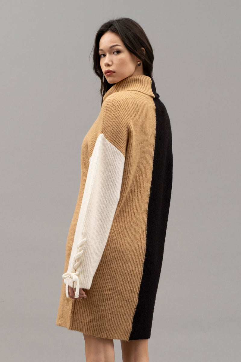 Braided Sleeve Color Block Sweater Dress