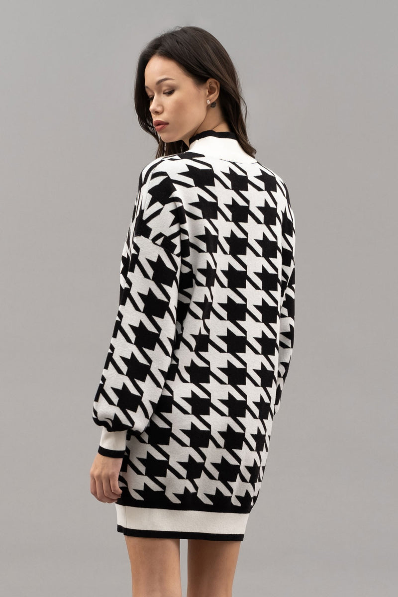Mock Neck Houndstooth Sweater Dress